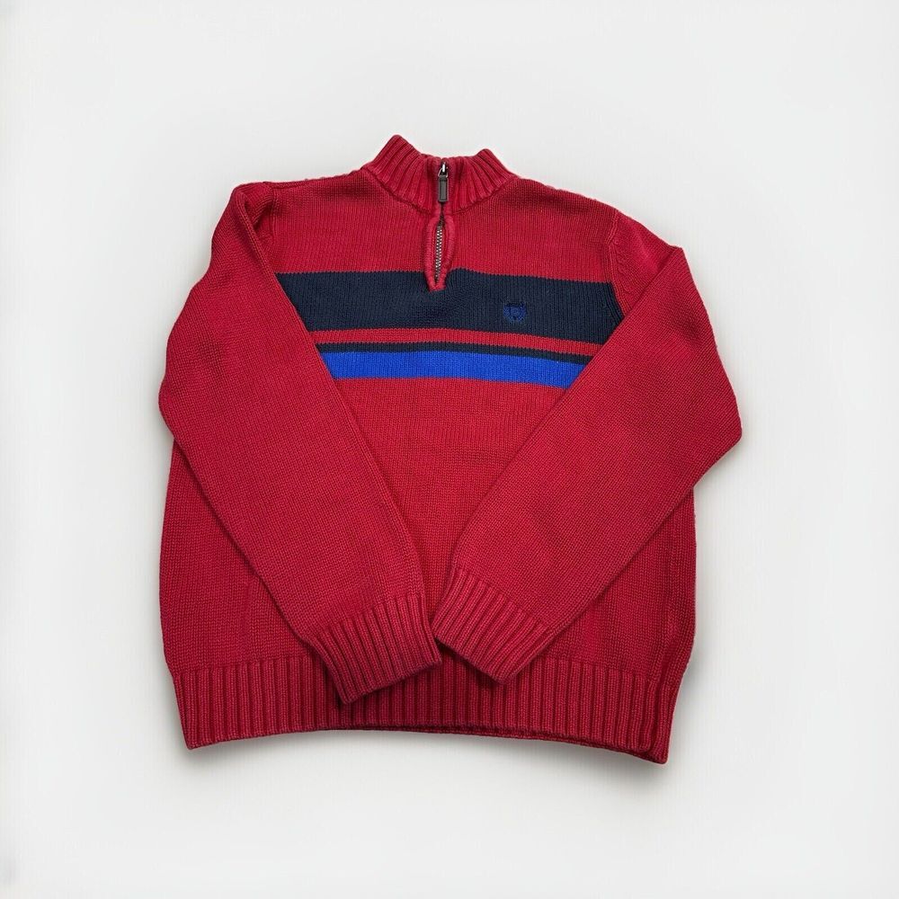Chaps Men's Cotton Holiday Striped Knit 1/4 Zip Sweater Red Blue Medium Pullover